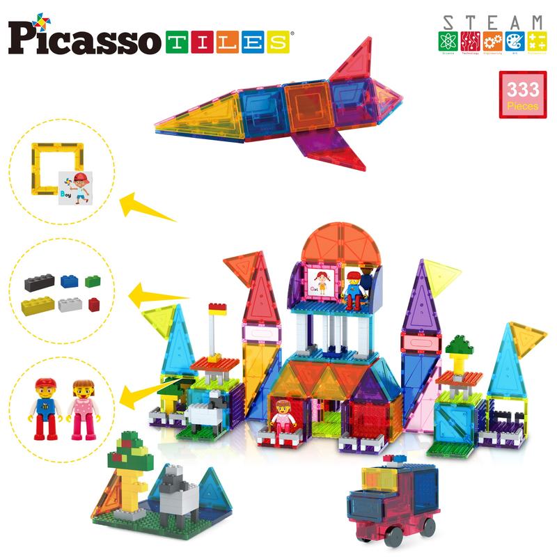 PicassoTiles Bloques Magnéticos + Bloques de Ladrillo de construcción Compatibles - 333 Piezas